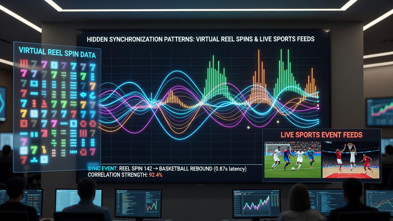Technical diagram illustrating API connections between virtual reel servers and live sports data feeds with highlighted synchronization points