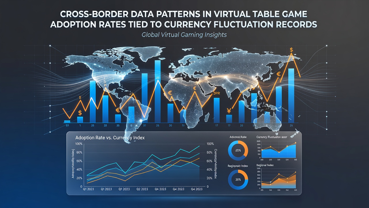 Visualization of cross-border virtual table game adoption correlated with currency exchange rates over multiple regions