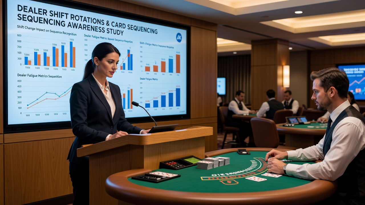 Blackjack table in a regional casino showing dealers during shift rotation