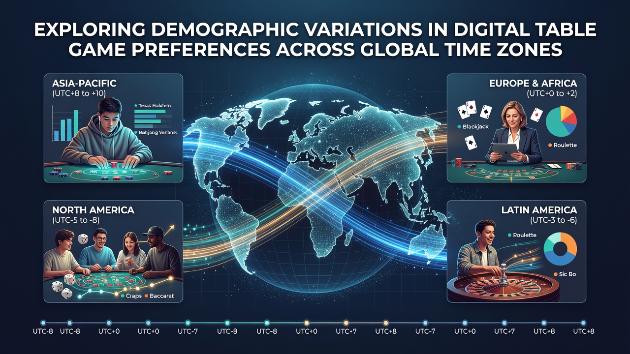 Global map overlay showing digital table game activity patterns across time zones with demographic icons