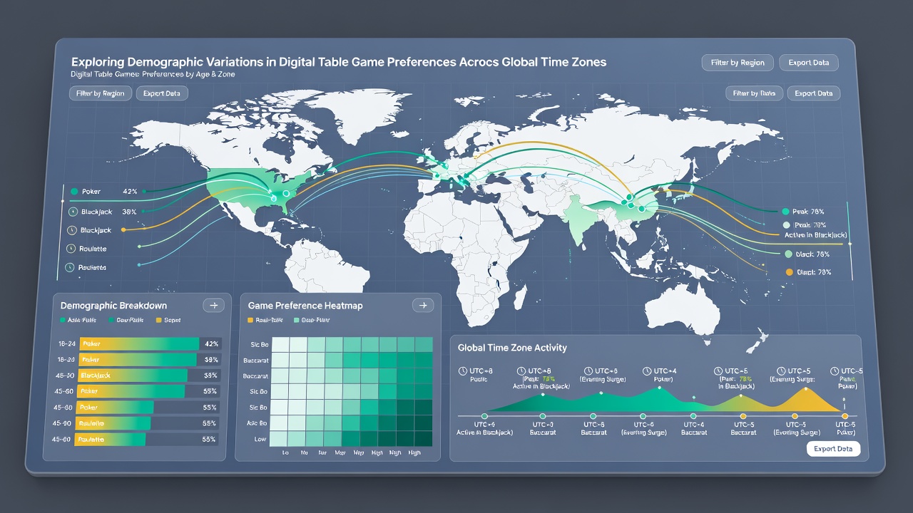 Infographic displaying age and gender breakdowns for digital table game sessions by major time zones