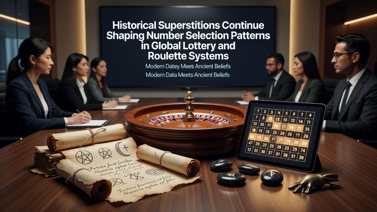 Historical lottery tickets and roulette wheels showing number patterns influenced by cultural beliefs