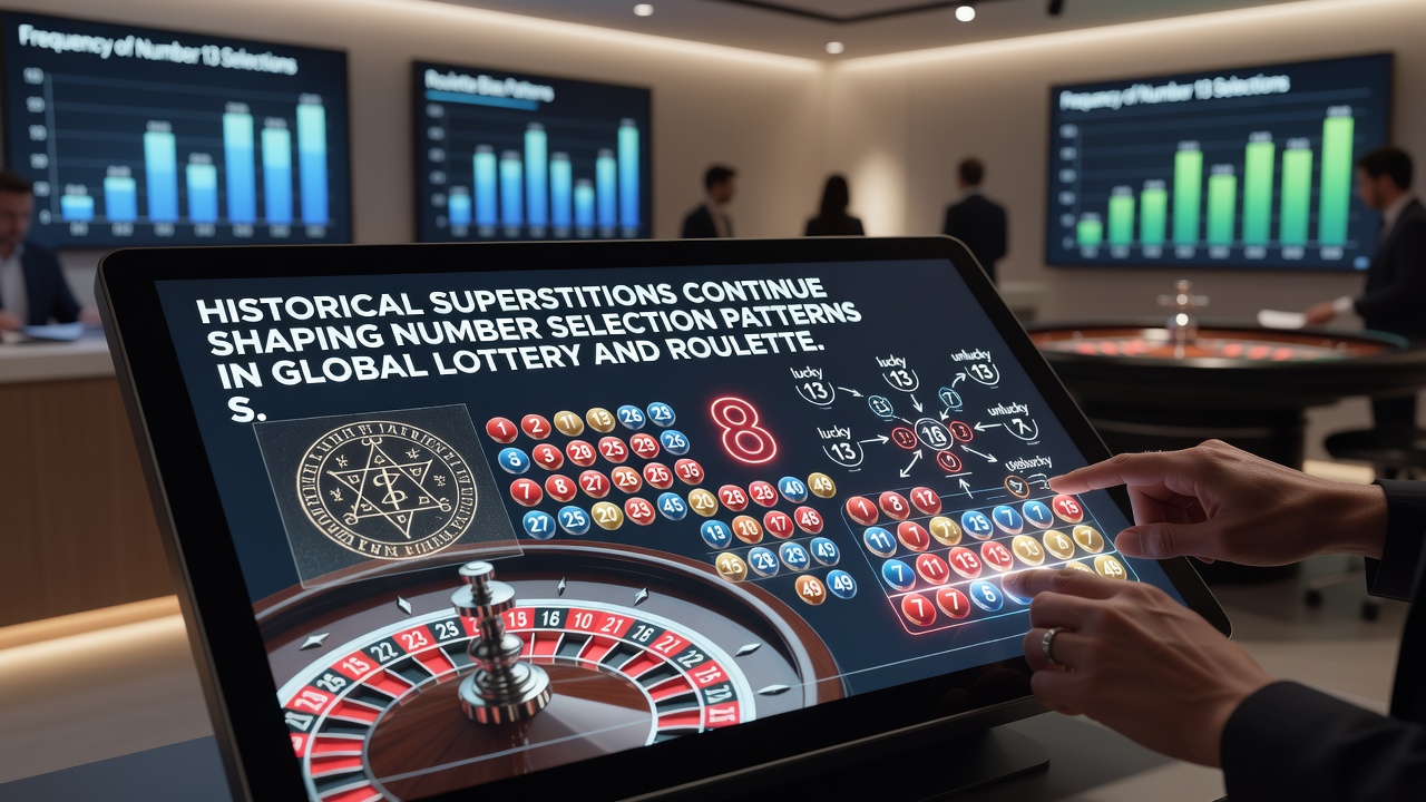 Global players selecting numbers on lottery terminals and roulette tables with cultural symbols