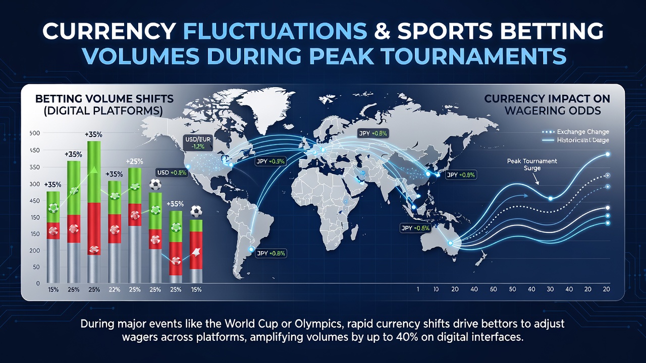 Analytics dashboard displaying sports betting volume trends correlated with currency exchange rate changes