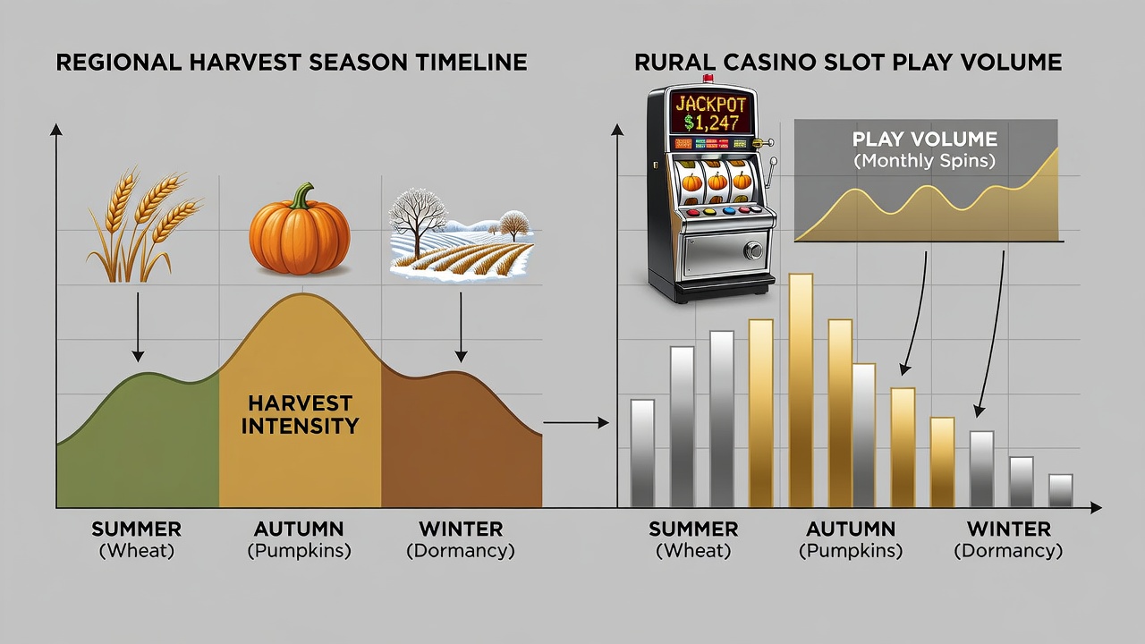 Interior view of rural casino slot floor with players during busy evening session