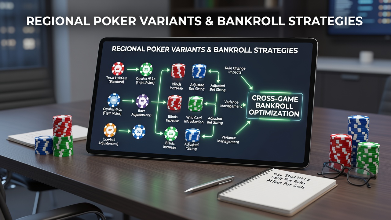 Regional poker players reviewing bankroll allocation charts during a multi-variant tournament session