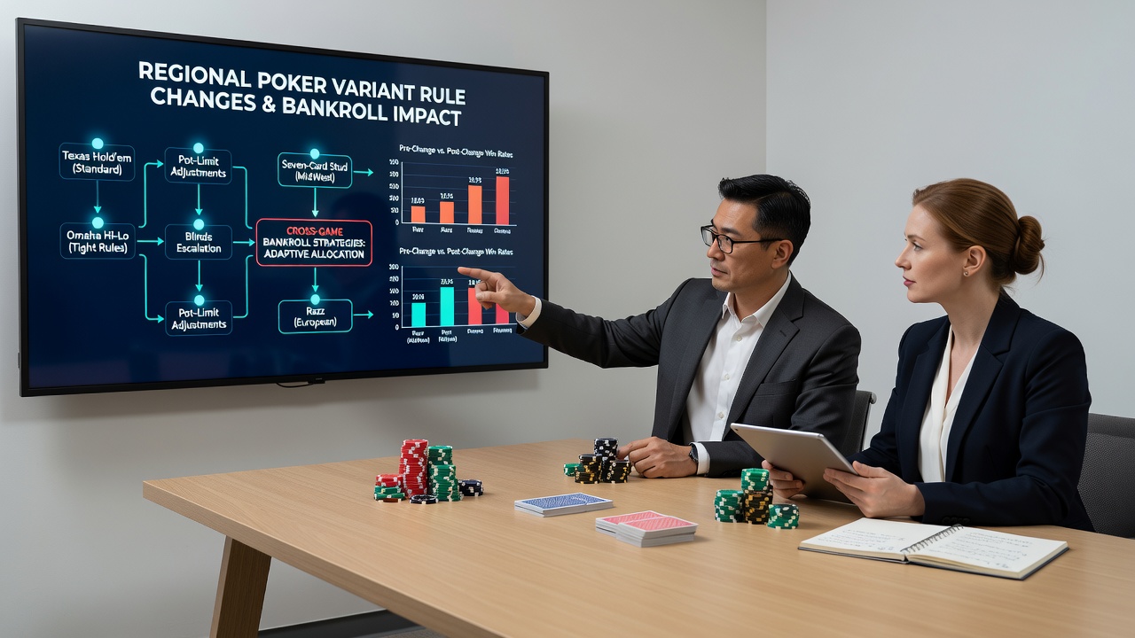 Bankroll tracking software displaying segmented poker variant allocations on a laptop screen