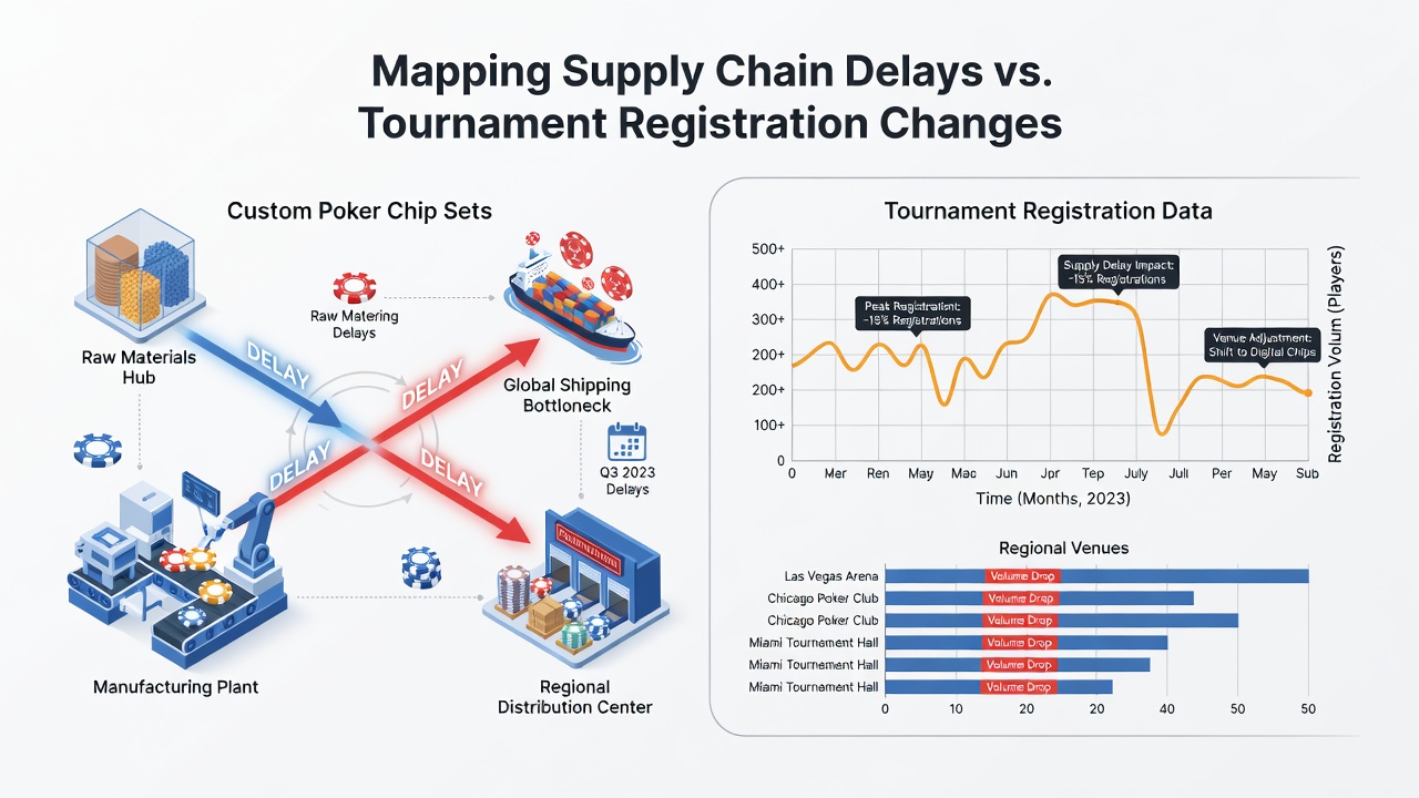 Supply chain mapping chart showing poker chip production delays overlaid with tournament registration volume trends across regional venues in 2025-2026