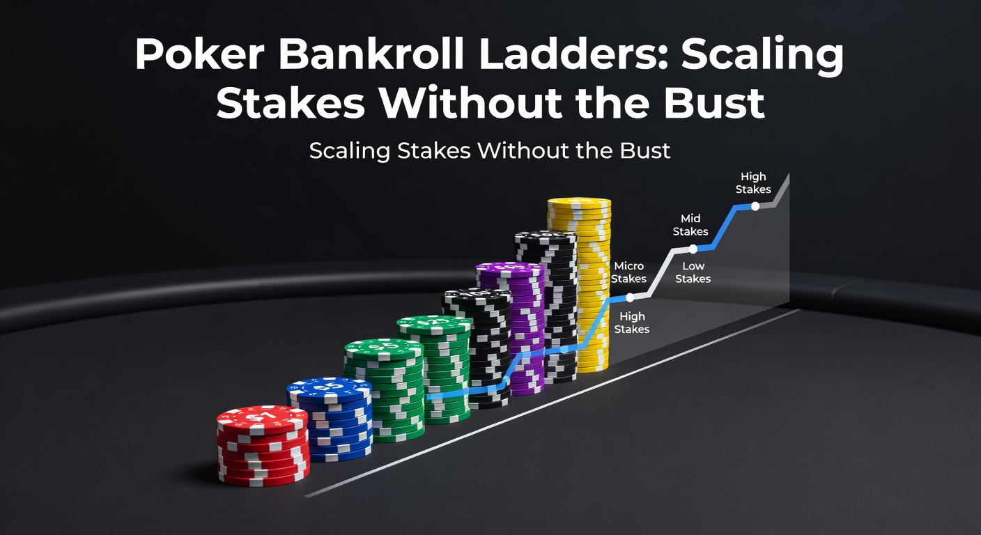 Visual representation of a poker bankroll ladder ascending through stake levels with safety nets at each rung