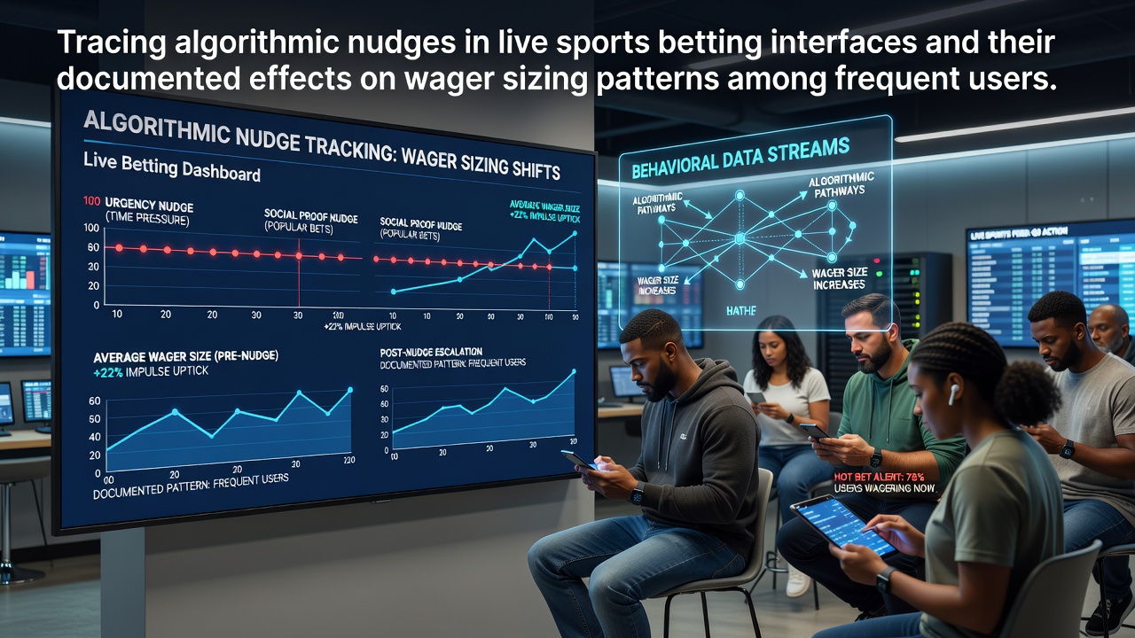 Live sports betting interface displaying algorithmic nudge buttons and suggested wager amounts on a mobile screen during an ongoing match