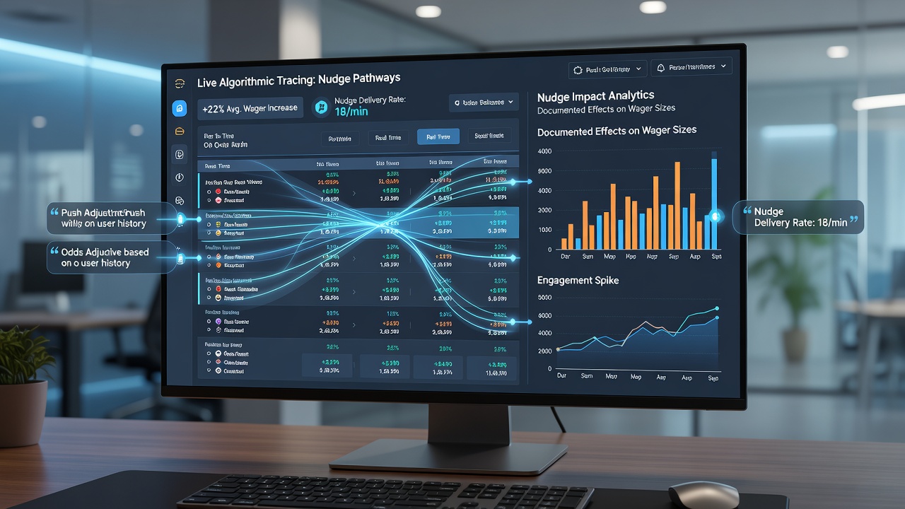 Analytics dashboard showing wager size distribution changes over time for frequent sports bettors exposed to interface nudges