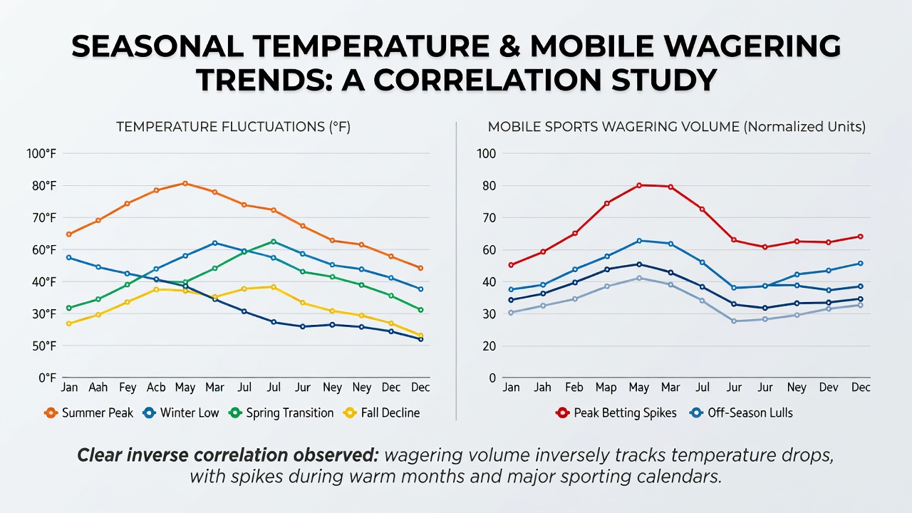 Graphs and charts displaying temperature data alongside mobile sports betting volume trends in Midwest states