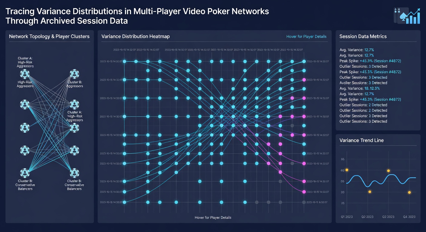 Heatmap visualization of variance clusters in video poker networks with color-coded session density and progressive meter correlations